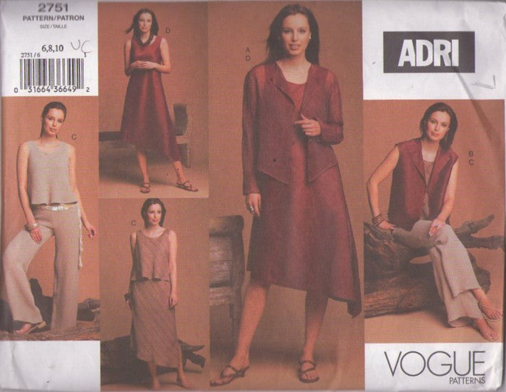 Vogue 2751 Retro 2003 Sewing Pattern Separates, Designer Adri, Shaped Front, Wing Collar Vest Top, Jacket, Flared Tank Blouse, Asymmetrical Hem Dress or Skirt & Pants Wardrobe Size 6-10