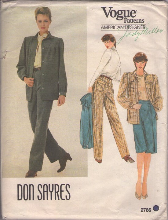 Vogue 2786 Vintage 80's Sewing Pattern Suit Separates, American Designer Don Sayres, Faux Leather, Suede Pantsuit, Shirt Jacket, Wrap Front Skirt, Mock Fly Front Trousers Size 12