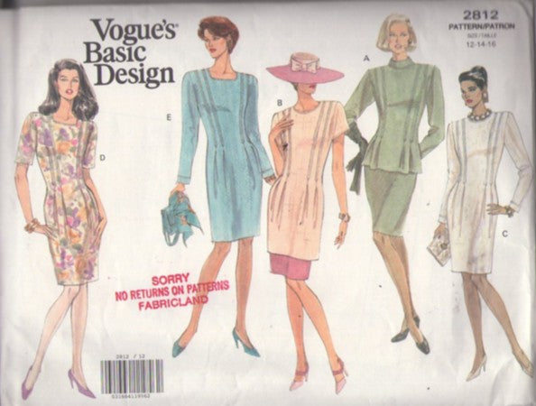 Vogue 2812 Vintage 90's Sewing Pattern Basic Design Separates, Stitch Details Peplum Tunic Top Blouse & Sheath Skirt, Long 2 Piece Dress, Fitted Secretary Dress MIX & MATCH Size 12