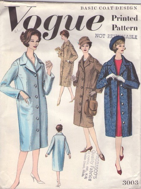 Vogue 3003 Vintage 50's Sewing Pattern Basic Design Coat, Straight Fit Size 16 UNCUT