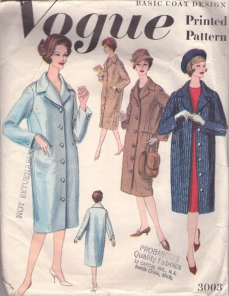 Vogue 3003 Vintage 50's Sewing Pattern Basic Design Coat, Straight Fit Size 16 CUT