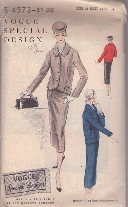 Vogue 4573 Vintage 50's Sewing Pattern Walking Suit, Special Design, Boxy Collared Jacket Top, Slender Fit Pencil Skirt Size 16