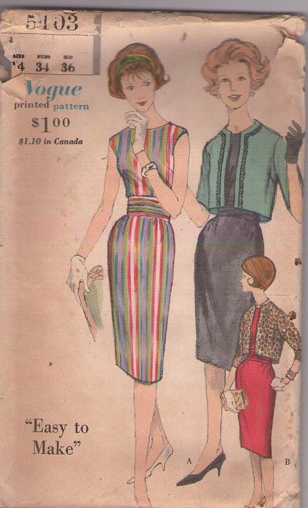 Vogue 5103 Vintage 60's Sewing Pattern Easy To Make Dress, Bolero Topper, Slim Fit, Rockabilly Secretary Day Dress, Cropped Bolero Jacket Size 14