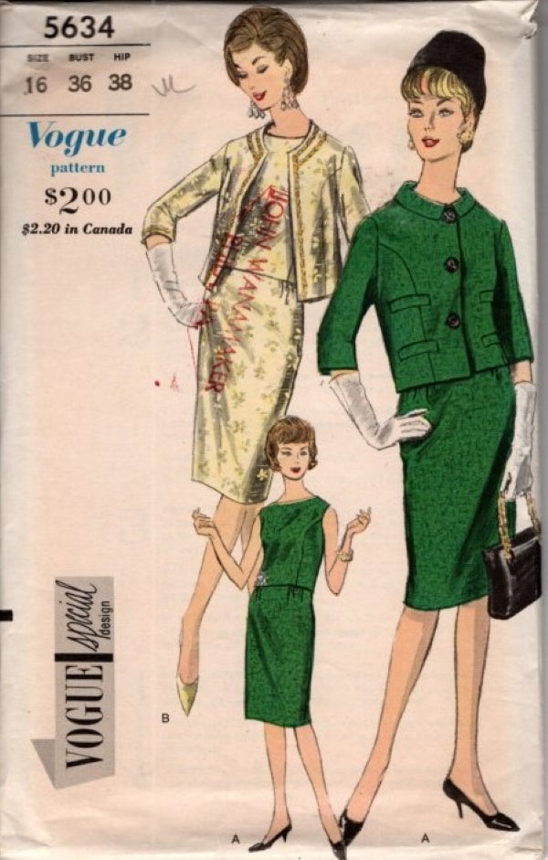 Vogue 5634 Vintage 60's Sewing Pattern Special Design Suit and Blouse, Jackie O Chanel Style, Jacket, Skirt, Top Size 16