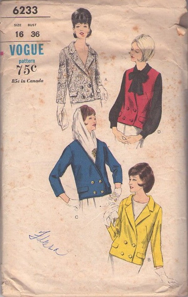 Vogue 6233 Vintage 60's Sewing Pattern Jacket Set, Nautical Vibes, Jackie O, Mad Men, Double Breasted Suit Jacket, Vest Set Size 16