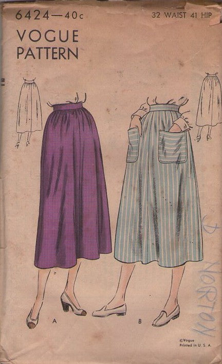 Vogue 6424 Vintage 40's Sewing Pattern Utility Skirt, Below Knee, Flared, Large Pockets Size 32 XL