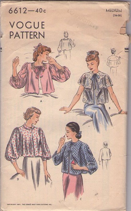 Vogue 6612 Vintage 50's Sewing Pattern Bed Jackets, Demure Hospital Bed Gowns, 4 Cropped Styles Size M