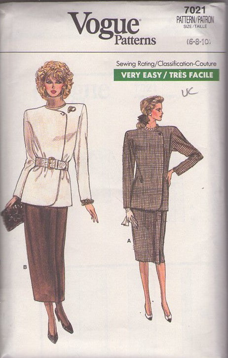 Vogue 7021 Vintage 80's Sewing Pattern Suit Dress, Very Easy, Front Wrap Jacket Top, Straight Wrap Around Slim Skirt, 2 Piece Secretary Dress Size 6-10