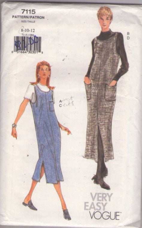 Vogue 7115 Retro 90's Sewing Pattern Very Easy Jumpers, Straight Slim Fit Side or Front Slit Jumper, Denim Dress Size 8