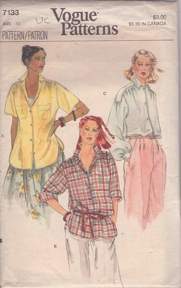 Vogue 7133 Vintage 80's Sewing Pattern Easy Blouse Set, Shoulder Epaulet Bands Oversized Loose Fit Blouse Set, 3 Styles Size 10