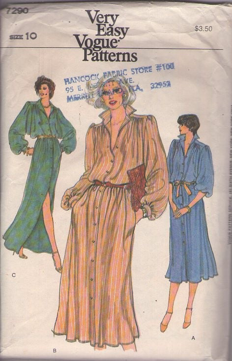 Vogue 7290 Vintage 80's Sewing Pattern Secretary Dress, Very Easy, Balloon Sleeve, Front Buttons, Flared Flip Collar, Coat Dress, Hostess Maxi Styles Size 10