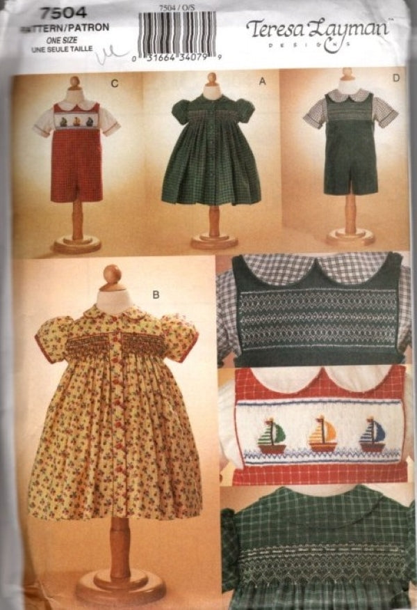 Vogue 7504 Retro 2001 Sewing Pattern Boys' & Girls' Smocked Dress, Jumpsuit, Romper, Smocking and Sailboat Trim OZ