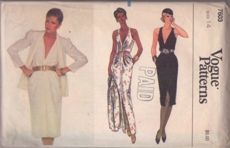 Vogue 7603 Vintage 80's Sewing Pattern Disco Dress, Deep Plunging V Front Slit, Cruise Evening Gown & Blazer Jacket Cover Up Size 14