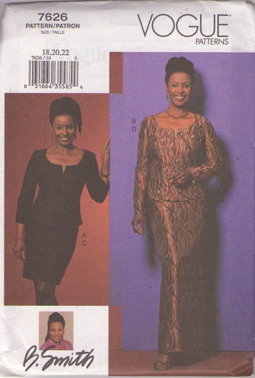 Vogue 7626 Retro 2002 Sewing Pattern 2 Pc Dinner Dress, B Smith Design, Scooped Slit Neck Blouse, Sheath Skirt, 2 Piece Evening Gown Size 6-10
