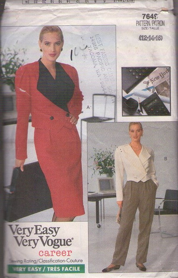 Vogue 7649 Vintage 80's Sewing Pattern Career Separates, Very Easy, Office Wardrobe, Flap Collar Cropped Jacket Top, Slim Skirt, Pleated Trousers Size 12-16