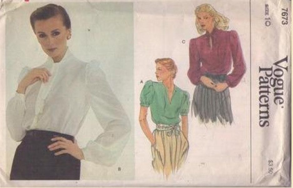 Vogue 7673 Vintage 80's Sewing Pattern Secretary Blouse Set, Slash V Neck, Tie Collar Pullover Shirts 3 Styles Size 10