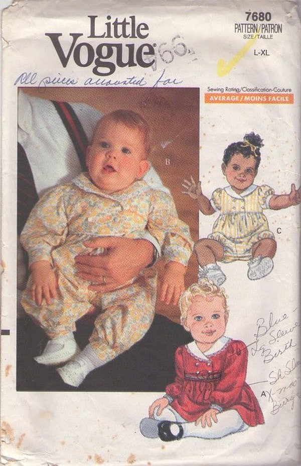 Vogue 7680 Vintage 80's Sewing Pattern Infants' Wardrobe, Double Breasted Playsuit, Romper, Jumpsuit, Dress, Very Fancy Size L-XL
