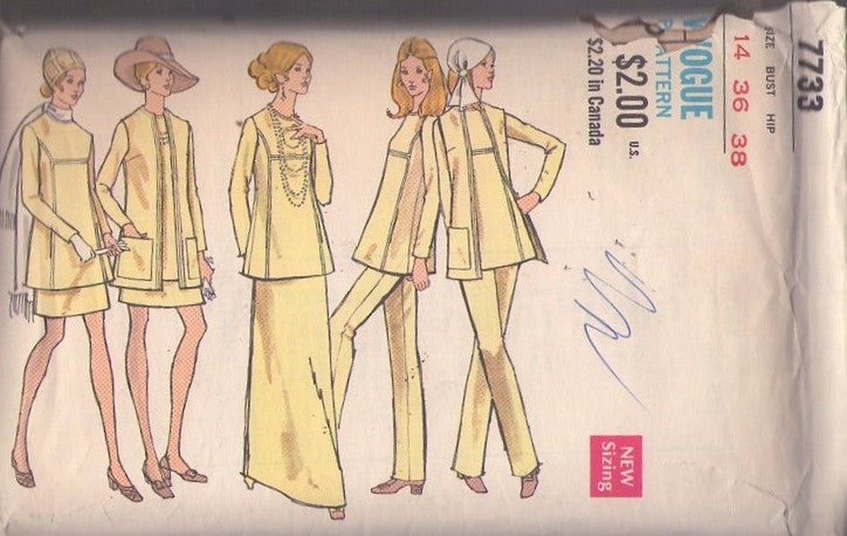Vogue 7733 Vintage 70's Sewing Pattern Mod Separates, Twiggy Space Age, Stitch Trim Details Tunic Top, Micro Mini Dress, A-Line Skirt, Slim Fit Slacks, Maxi Skirt, Cardigan Jacket Size 14
