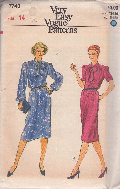 Vogue 7740 Vintage 80's Sewing Pattern Career Dresses, Very Easy Pullover Loose Blouson Secretary Dress, 2 Styles Tie Collar Size 14