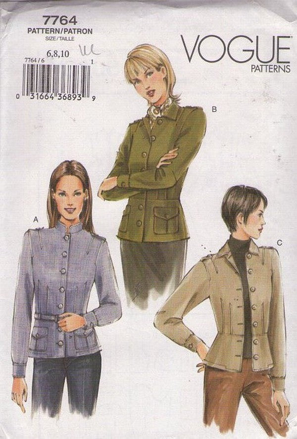 Vogue 7764 Retro 2003 Sewing Pattern Militant Jacket Set, Button Front, Pockets 3 Styles Size 6-10