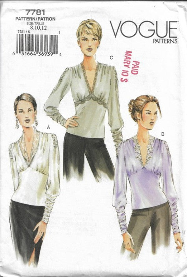 Vogue 7781 Retro 2003 Sewing Pattern Pullover Top, Empire Waist Blouse Set 3 Styles Size 8-12