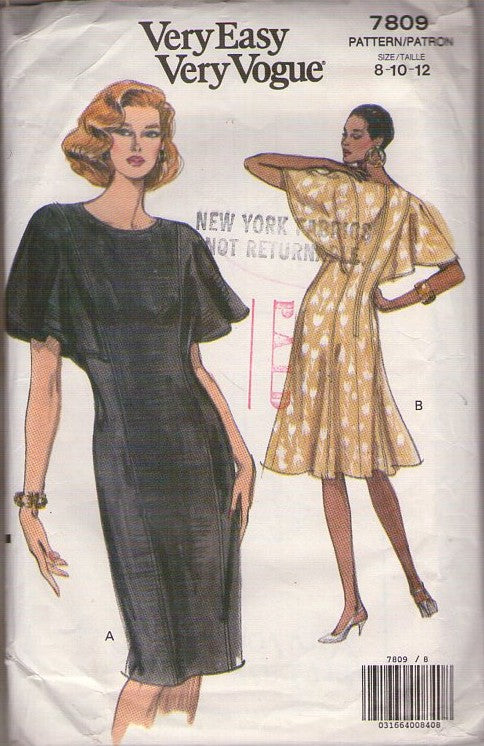 Vogue 7809 Vintage 90's Sewing Pattern Easy Party Dress, Capelet, Wing Sleeves, 2 Styles Size 8-12