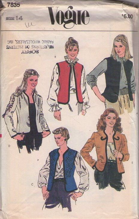 Vogue 7835 Vintage 80's Sewing Pattern Vest & Jacket Set, Wearable Art 5 Styles Size 14