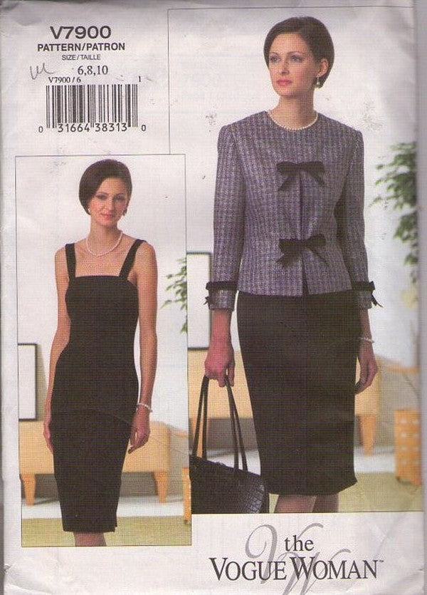 Vogue 7900 Retro 2004 Sewing Pattern Cocktail Dress, Jacket, Vogue Woman, Strappy Sheath Party Dress, Bow Trim Jacket Size 6-10