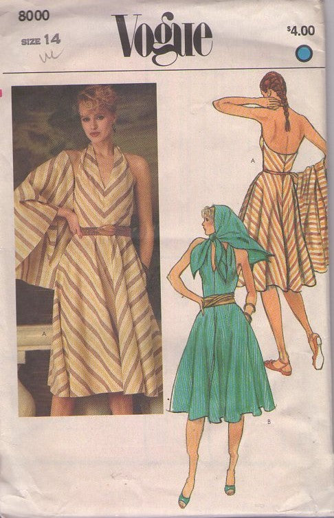 Vogue 8000 Vintage 70's Sewing Pattern Halter Sun Dress, Marilyn Monroe Style, V Neck, Bare Back, Flared Skirt Summer Styles & Square Shawl Size 14