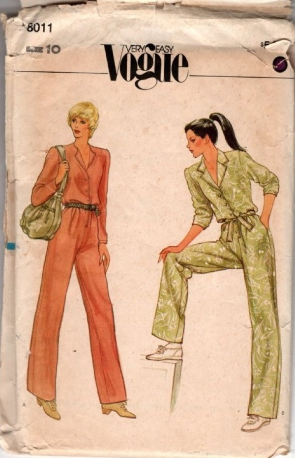 Vogue 8011 Vintage 80's Sewing Pattern Very Easy Disco Jumpsuit, Step In, 2 Styles Size 10
