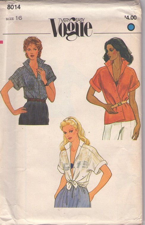 Vogue 8014 Vintage 80's Sewing Pattern Flip Collar Blouses, Very Easy Button Down Blouse, Shirt Size 16