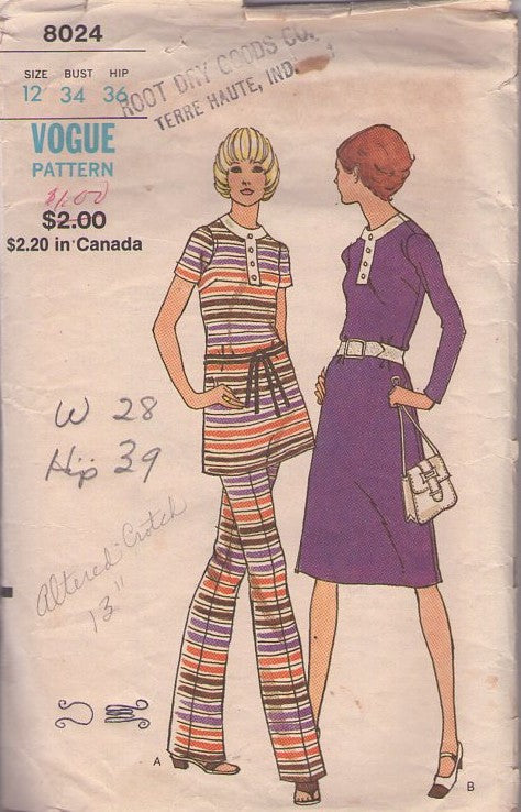 Vogue 8024 Vintage 70's Sewing Pattern Mod Separates, Tunic Top & Pants Pantsuit, Secretary Dress Size 12