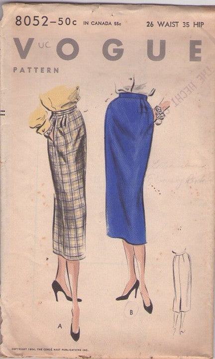 Vogue 8052 Vintage 50's Sewing Pattern New Look Skirts, Slim Sheath, Pencil Below Knee, 2 Secretary Styles Waist 26 Size M