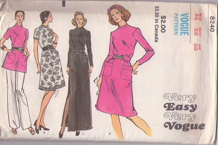 Vogue 8240 Vintage 70's Sewing Pattern Secretary Dress, Very Easy, Stand Up Collar Tunic Top Blouse with Pockets, High Side Slit Evening Gown Size 14
