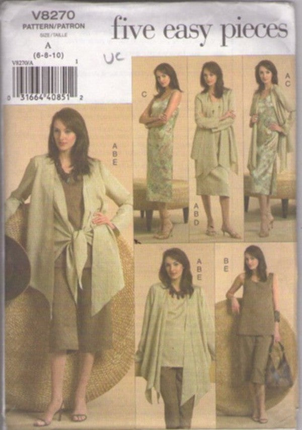 Vogue 8270 Retro 2006 Sewing Pattern Five Easy Pieces, Mix & Match Draped Jacket Cover Up Coat, Blouse Top, Slim Secretary Dress, Skirt AND Pants Size 6-10
