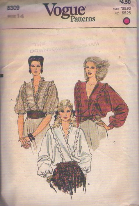 Vogue 8309 Vintage 80's Sewing Pattern Wrap Around Batwing Blouse, Romantic, Ruffles, Front Wrapped, 3 Styles Size 14