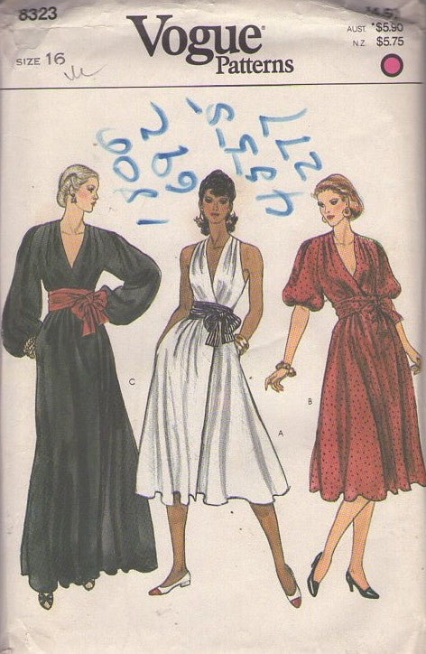 Vogue 8323 Vintage 80's Sewing Pattern Wrap Around Dress, Plunging Neckline, Marilyn Monroe Sundress, Balloon Sleeved Evening Gown, 3 Styles Size 16