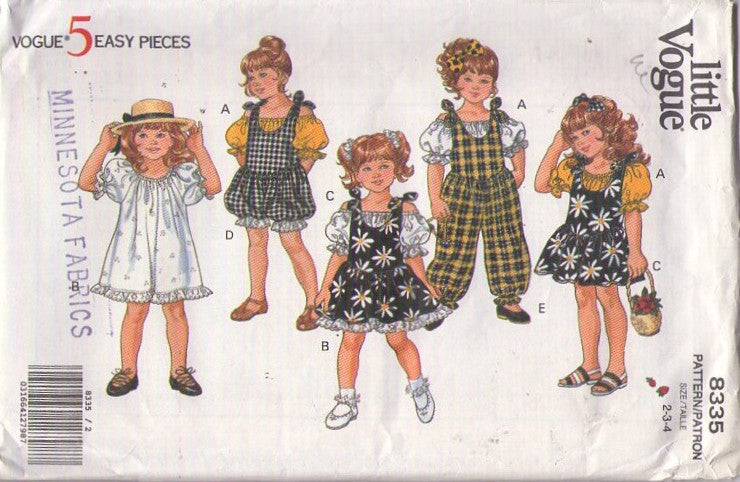 Vogue 8335 Vintage 90's Sewing Pattern Girl's Separates, 5 Easy Pieces, Tied Shoulder, Bubble Leg Sunsuit, Romper, Jumpsuit, Sun Dress, Jumper, Off Shoulder Gypsy Blouse Size 2-4