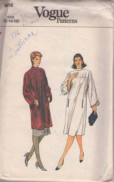 Vogue 8416 Vintage 80's Sewing Pattern Caftan Tunic, Loose MuuMuu Tent Dress, Skirt, Slit Pockets, Shaped Sleeves Size 12-16