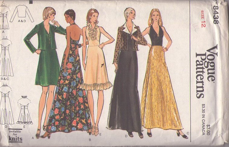 Vogue 8438 Vintage 70's Sewing Pattern Disco Dress, Bare Back Halter Sun Dress, Maxi Evening Gown & Cover Up Jacket 5 Styles Size 12