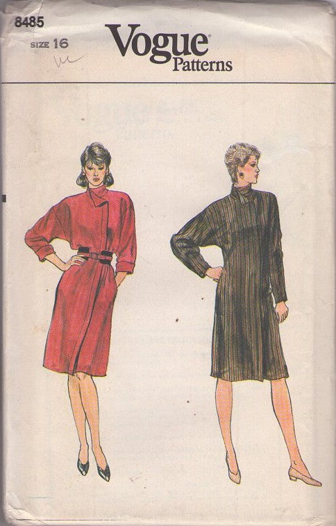 Vogue 8485 Vintage 80's Sewing Pattern Secretary Dress, Hidden Front Button Closing, Straight Fit, 2 Styles Size 16