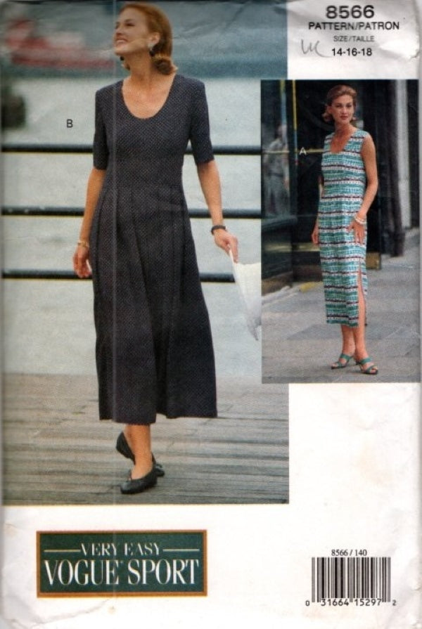 Vogue 8566 Vintage 90's Sewing Pattern Very Easy Dress, Scoop Neck, Modest, Summer, 2 Styles Size 14-18