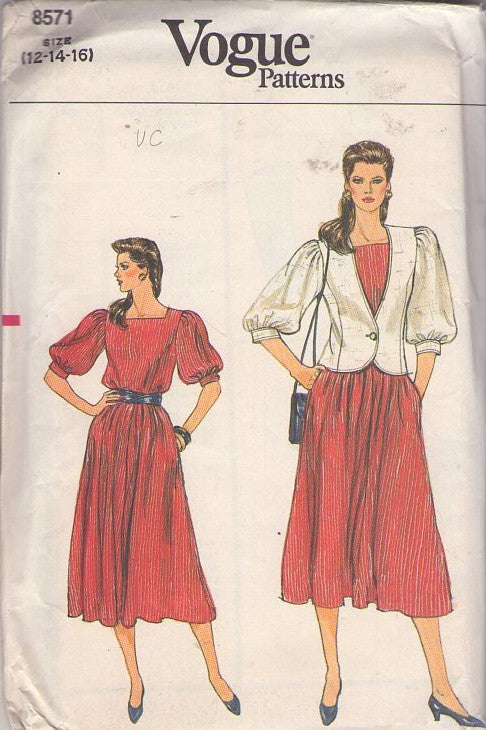 Vogue 8571 Vintage 80's Sewing Pattern Office Ensemble, Secretary Square Neck, Puffed Sleeve Flared Skirt Blouson Dress, Blazer Jacket Size 12-16