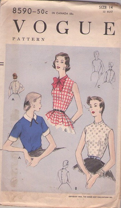 Vogue 8590 Vintage 50's Sewing Pattern Lucy Blouses, Dart Fitted, Rockabilly Back Buttoned Blouse Set 3 Styles Size 14