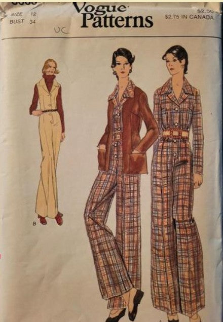 Vogue 8663 Vintage 70's Sewing Pattern Disco Jumpsuit, Jacket, Front Buttoned Step In Trendy Jumpsuit, Blazer Jacket Size 12
