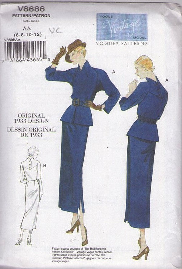 Vogue 8686 Retro 2010 Sewing Pattern 30's Repro Suit, 1933 Walking Dress, Slim Design, Shaped Bodice Yoke, Detachable Peplum Skirt Size 6-12
