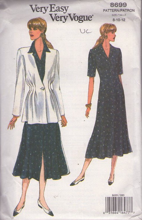 Vogue 8699 Vintage 90's Sewing Pattern Secretary Ensemble, Very Easy Princess Seams Front Buttoned Midi Length Secretary Dress, Pleated Cinch Waist Blazer Jacket Size 8-12