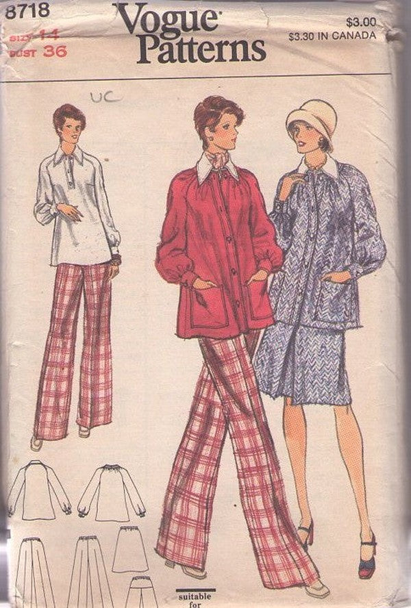 Vogue 8718 Vintage 70's Sewing Pattern Casual Separates, Bump Friendly Mix & Match Smock Top Jacket, Inverted Pleat Skirt, Flared Belled Pants Size 14