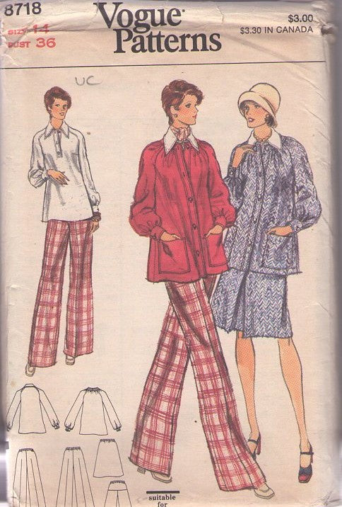 Vogue 8718 Vintage 70's Sewing Pattern Casual Separates, Expectant Mother Mix & Match Smock Top Jacket, Inverted Pleat Skirt, Flared Belled Pants Size 14