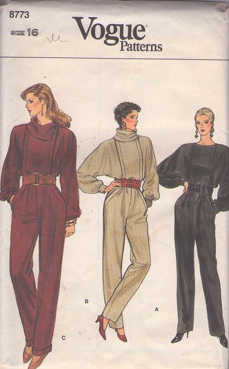 Vogue 8773 Vintage 80's Sewing Pattern Party Jumpsuit, Batwing, Cowl, Draped Neckline, Pockets, Blouson, 3 Styles Size 16